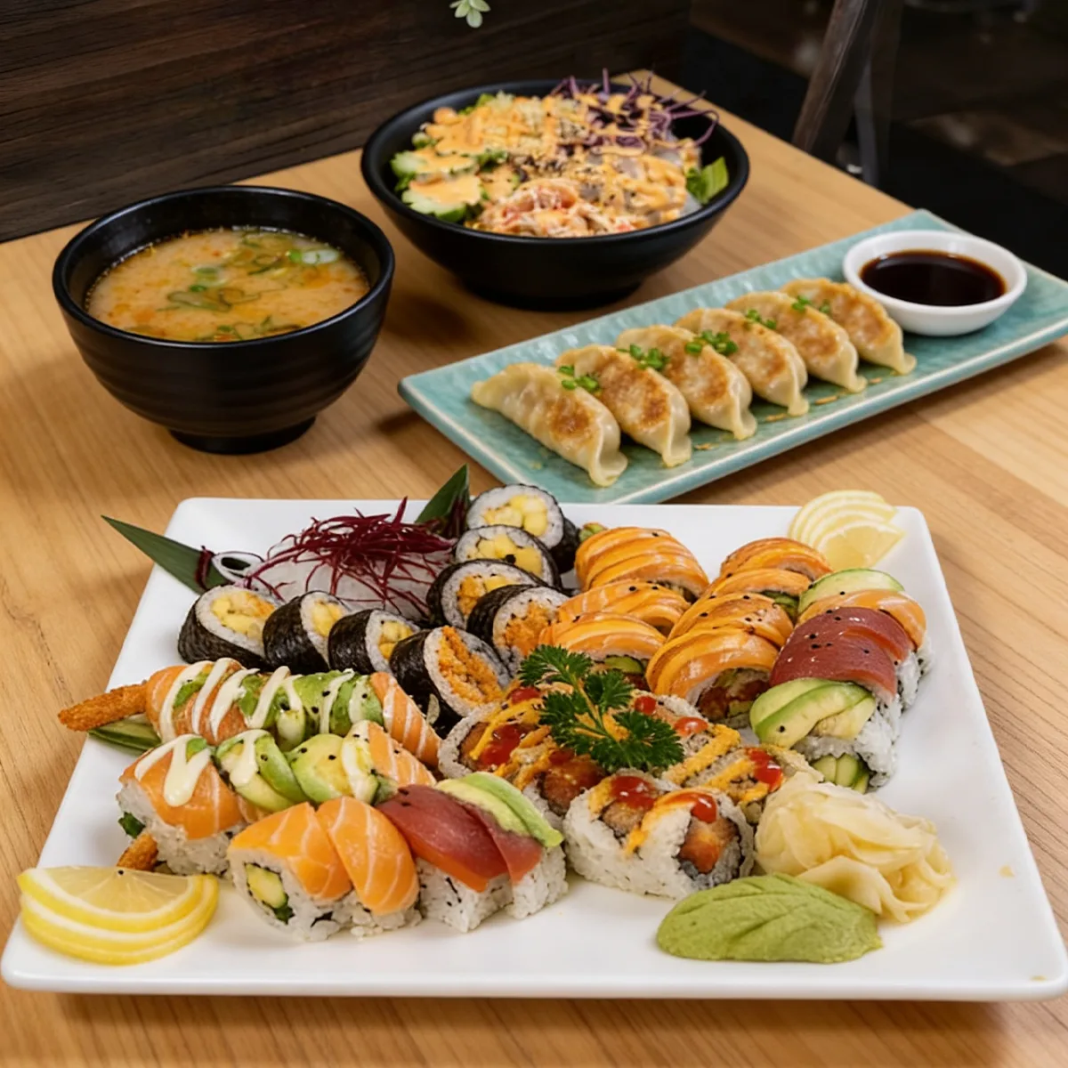 A Premium Family Bundle: a platter of premium rolls with miso soup, sunomono salad and pan-fried gyoza